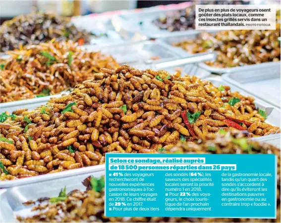  ?? PHOTO FOTOLIA ?? De plus en plus de voyageurs osent goûter des plats locaux, comme ces insectes grillés servis dans un restaurant thaïlandai­s.