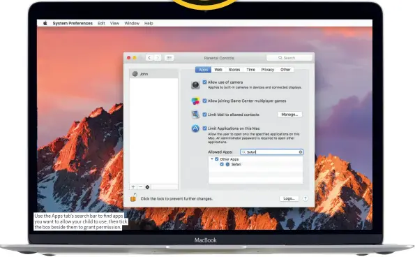  ??  ?? Use the Apps tab’s search bar to find apps you want to allow your child to use, then tick the box beside them to grant permission.