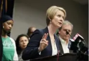  ?? FRANK FRANKLIN II—ASSOCIATED PRESS ?? Candidate for New York governor Cynthia Nixon speaks during a news conference Monday, March 26, 2018, in Albany, N.Y. The “Sex and the City” star and public education advocate is challengin­g Gov. Andrew Cuomo in September’s Democratic primary.