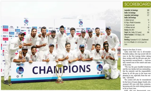  ??  ?? Indian players pose with the trophy after winning the Test series against Australia on Tuesday. (Reuters)