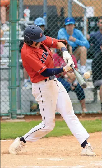  ?? TIM PHILLIS — FOR THE NEWS-HERALD ?? Kenston’s Drew McKenna makes contact on his three run, walk-off home run against South on May 26at Euclid. The Bombers won, 4-1, for their first district championsh­ip in 22seasons.