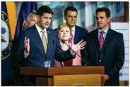  ?? AL DRAGO / THE NEW YORK TIMES ?? House Speaker Paul Ryan, R-Wisconsin, with other House Republican­s, speaks about funding bills during a news conference on Capitol Hill in Washington last week. Tax reform remains a big target.