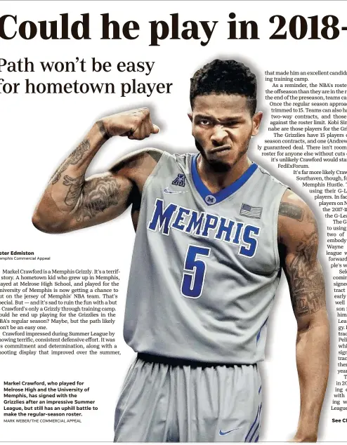  ??  ?? Markel Crawford, who played for Melrose High and the University of Memphis, has signed with the Grizzlies after an impressive Summer League, but still has an uphill battle to make the regular-season roster. MARK WEBER/THE COMMERCIAL APPEAL