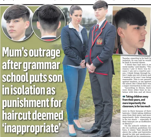  ??  ?? Sandra Miskimmin with son Henry, whose haircut was deemed unacceptab­le by his school, Enniskille­n Royal Grammar School