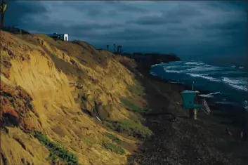  ?? PHOTO BY SHAE HAMMOND FOR CALMATTERS ?? Despite decades-long attempts to prevent erosion, bluffs at South Carlsbad State Beach continue to fail, battered by rising seas.