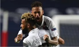  ??  ?? PSG’s Eric Maxim Choupo-Moting (front) celebrates with Neymar after scoring the winner in the Champions League quarter-final against Atalanta in Lisbon. Photograph: David Ramos/AFP/Getty Images