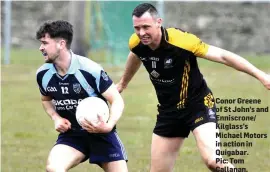  ??  ?? Conor Greene of St John’s and Enniscrone/ Kilglass’s Michael Motors in action in Quigabar. Pic: Tom Callanan.