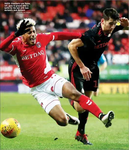  ?? PICTURE: PA Images ?? OUCH: Charlton’s Lyle Taylor, left, goes to ground after a battle for the ball with Sunderland’s Jack Baldwin