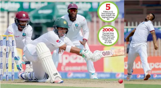  ?? Photos by M. Sajjad ?? Opener Sami Aslam gave Pakistan a good start on the first day of the third Test before Shannon Gabriel (right) rocked the hosts’ boat on Sunday. —