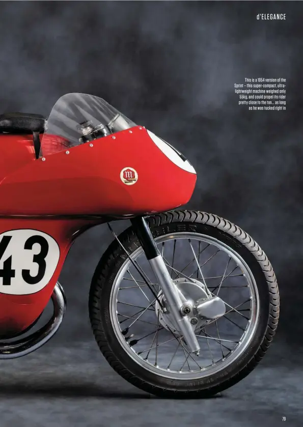  ??  ?? This is a 1954 version of the Sprint – this super-compact, ultralight­weight machine weighed only 55kg, and could propel its rider pretty close to the ton... as long as he was tucked right in