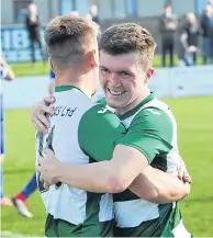  ??  ?? Declan Milne celebrates with team-mate Callum Murray after scoring Buckie’s fifth goal