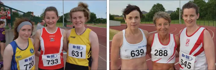  ??  ?? The top three in the girls’ Under-17 javelin (from left): Hannah Kelly (Taghmon, third), Blanaid Fogarty (Enniscorth­y, first) and Rachel Power (Adamstown, second). Medal winners in the Masters 1,500m (from left): Helen Doyle (Kilmore, second), Ann...