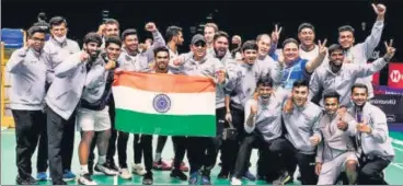  ?? ANI ?? The Indian badminton team after winning the Thomas Cup in Bangkok on Sunday.