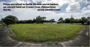  ?? DAVID UNWIN/STUFF ?? Plans are afoot to build 39 new social homes on vacant land on Crewe Cres, Palmerston North.