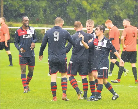  ?? Picture:; Leanne Bagnall ?? Redgate Clayton celebrate their second goal in the 6-2 win against Abbey Hulton in the Staffs County Senior League.
