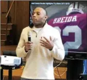  ?? NICHOLAS BUONANNO — NBUONANNO@ TROYRECORD.COM ?? San Francisco 49ers running back Matt Breida talks about his success story during a visit to School 12 in Troy on Thursday afternoon.