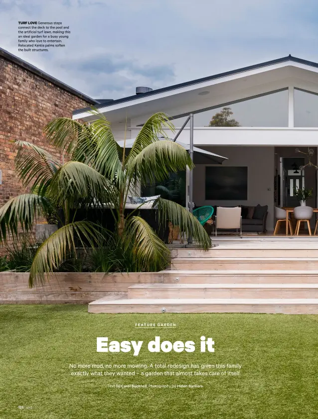  ??  ?? TURF LOVE Generous steps connect the deck to the pool and the artificial turf lawn, making this an ideal garden for a busy young family who love to entertain. Relocated Kentia palms soften the built structures.