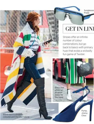  ??  ?? Stand out in a brightly coloured poncho-coat hybrid Black and white act as good bases for the trend Sunglasses, Prada Pump, Jimmy Choo