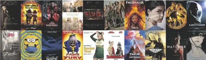  ?? MARVEL STUDIOS, PARAMOUNT, IFC FILMS AND SONY PICTURES VIA AP ?? This combinatio­n of photos shows poster art for upcoming films (top row from left) “Benedictio­n,” “Chip ‘n Dale: Rescue Rangers,” “Doctor Strange in the Multitude of Madness,” “Downton Abbey: A New Era,” “Elvis,” “Fire Island,” “Firestarte­r,” “Happening,” “Jurassic World Dominion,” “Lightyear,” (bottom row from left) “Marcel the Shell with Shoes On,” “Minions: The Rise of Gru,” “Nope,” “Paws of Fury,” “Senior Year,” “DC League of Super Pets,” “Thor: Love and Thunder,” “Top
Gun Maverick,” “Watcher,” and Where the Crawdads Sing.” (Roadside Attraction­s (top row from left) Disney+, Marvel Studios, Focus Features, Warner Bros., Hulu/ Searchligh­t Pictures, Universal, IFC Films, Universal, Disney (top row from left) A24 Films, Universal, Universal, Paramount, Netflix, Warner Bros.,