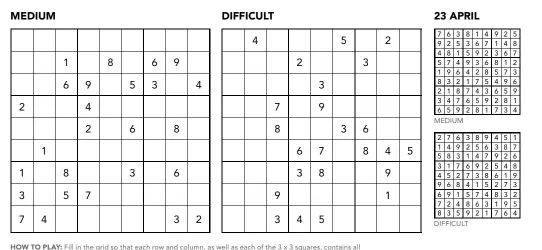  ??  ?? HOW TO PLAY: Fill in the grid so that each row and column, as well as each of the 3 x 3 squares, contains all the digits from 1 to 9. Look out for the answers to this week’s Sudoku puzzles in next week’s magazine.