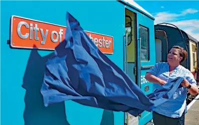  ?? ?? Susan Calman unveils the nameplates for No. 73129 City of Winchester at Weston Wharf station. CHR