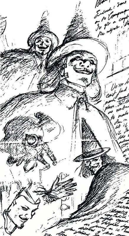 ??  ?? EARLY INCARNATIO­N: David Lloyd’s first sketches in the early 1980s of V wearing his Guy Fawkes mask and clothing, alongside the artist’s handwritte­n notes to the graphic novel’s writer Alan Moore, were displayed at the Chulalongk­orn University exhibition.