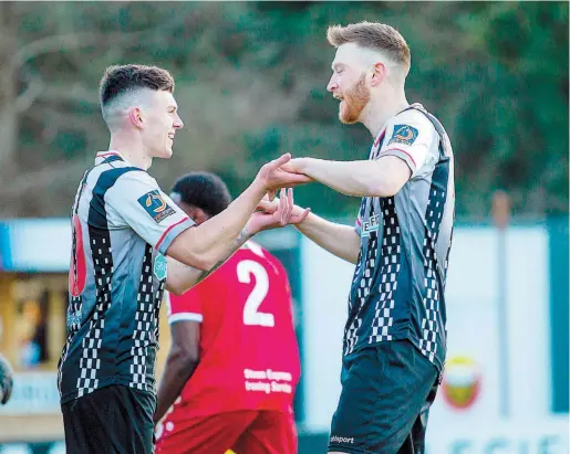  ??  ?? Josh Kelly and Danny Whitehall celebrate a goal for Maidenhead United last season. Both are set to move on this summer.