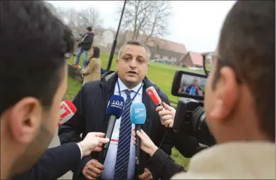  ??  ?? Marwan Dammaj, Yemen’s Minister of Culture, speaks to media during the peace talks on Yemen held at Johannesbe­rg Castle, in Rimbo, Sweden yesterday.