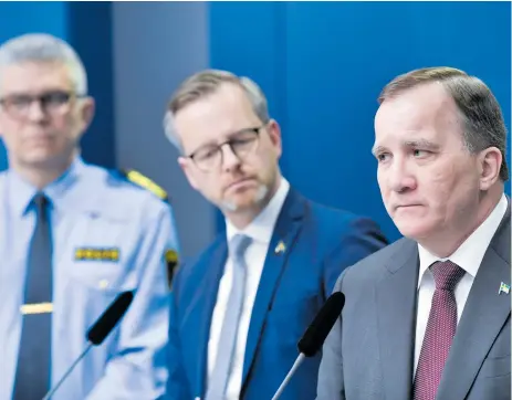  ?? Foto: Anders Wiklund/tt ?? Rikspolisc­hef Anders Thornberg, inrikesmin­ister Mikael Damberg (S) och statsminis­ter Stefan Löfven (S) på gårdagens pressträff.
På frågan