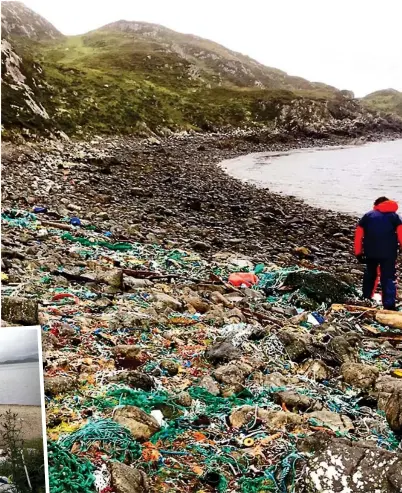  ??  ?? Crisis: Beach debris may be linked to higher microplast­ic levels in the water, say scientists. Left: Rubbish at Loch Lomond and The Trossachs National Park