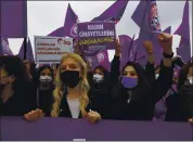  ?? MEHMET GUZEL — THE ASSOCIATED PRESS ?? Women gather at a rally in Istanbul on Saturday to protest Turkish President Recep Tayyip Erdogan’s decision to annul ratificati­on of the Istanbul Convention.