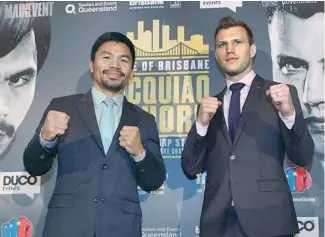  ?? AP ?? Manny Pacquiao (izq.) junto a Jeff Horn en la presentaci­ón de ambos pugilistas.