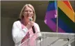  ?? ?? SCCHS Vice-principal Melanie Arntsen speaks during the Pride flag raising ceremony, June 3.