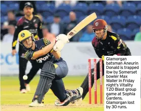  ??  ?? Glamorgan batsman Aneurin Donald is trapped lbw by Somerset bowler Max Waller in Friday night’s Vitality T20 Blast group game at Sophia Gardens. Glamorgan lost by 30 runs.
