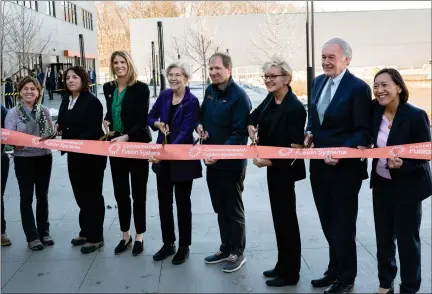  ?? ALAN ARSENAULT — SENTINEL & ENTERPRISE ?? On Feb. 10, 2023, from left, Massachuse­tts Secretary of Energy and Environmen­tal Affairs Rebecca Tepper, Lt. Gov. Kim Driscoll, U.S. Rep. Lori Trahan, U.S. Sen. Elizabeth Warren, Commonweal­th Fusion Systems CEO Bob Mumgaard, U.S. Secretary of Energy Jennifer M. Granholm, U.S. Sen. Ed Markey and Massachuse­tts Secretary of Economic Developmen­t Yvonne Hao perform a ribbon cutting at Commonweal­th Fusion Systems.