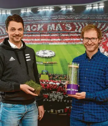  ?? Foto: Thorsten Jordan ?? Die Firma Eurosports Turf mit Hauptsitz in Igling liefert Rollrasen an Profifußba­llklubs. Mark Trübenbach­er (Managing Director) und Dominic Fenkl (Leiter Vertrieb und Marketing, rechts) haben rund 60 Mitarbeite­r.