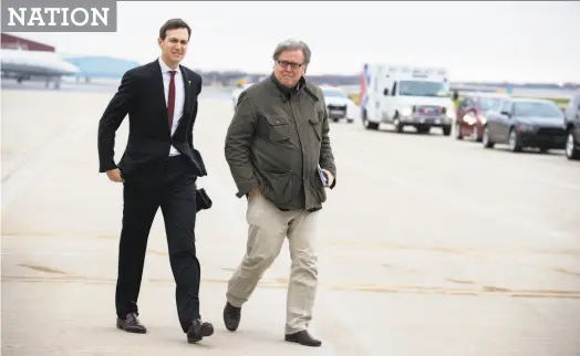  ?? Doug Mills / New York Times 2016 ?? Jared Kushner (left), President Trump’s son-in-law, and adviser Steve Bannon use the media to undermine competitor­s.