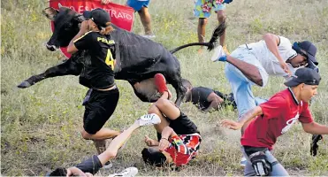  ?? RAFAEL POLO ?? Varios jóvenes “mantean al toro” en medio del ruedo de la corraleja en Juan de Acosta.