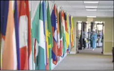  ??  ?? A hall of flags from several countries lines the walkway to the sanctuary at First Baptist Church of Lilburn. Some churches seek to provide appropriat­e worship experience­s for different cultures.