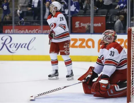  ?? RICK MADONIK/TORONTO STAR ?? Hurricanes goalie Scott Darling might want to stick to night games after giving up eight goals Tuesday, four in the first period and four in the third.