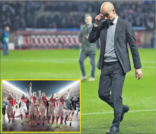  ??  ?? DERROTADO. Guardiola abandona el Louis II abatido después de caer eliminado en octavos de final. El Mónaco festejó su clasificac­ión.