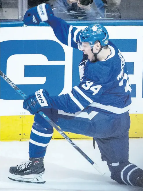  ?? PETER J THOMPSON / NATIONAL POST ?? Auston Matthews celebrates his second-period goal against the Boston Bruins in Game 3 on Monday night.