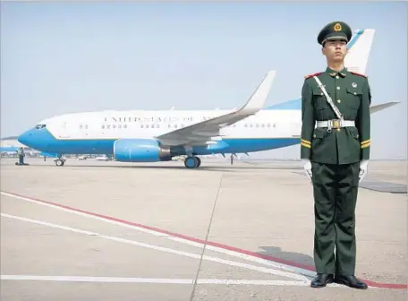  ?? Mark Schiefelbe­in AFP/Getty Images ?? SECRETARY of State Rex Tillerson’s plane arrives at the internatio­nal airport in Beijing. Tillerson’s talks with President Xi Jinping were almost more telling in what wasn’t discussed, considerin­g Donald Trump’s anti-China rhetoric during the U.S....