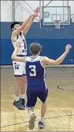  ?? NICK MALLARD / SENTINEL & ENTERPRISE ?? Leominster's Michael Halstead shoots a 3 during Monday's game against Narraganse­tt.