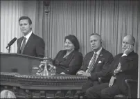  ?? HECTOR AMEZCUA/ SACRAMENTO BEE ?? Mexican President Enrique Pena Nieto addresses members of the California Legislatur­e during a joint session as Assembly Speaker Toni Atkins, D-San Diego, Senate President pro Tem Darrell Steinberg and Gov. Jerry Brown listen on Aug. 26, 2014.