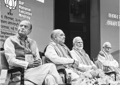  ?? PHOTO:PTI ?? Prime Minister Narendra Modi, BJP President Amit Shah, Finance Minister Arun Jaitley and senior leader L K Advani during the BJP’s National Executive meet in New Delhi on Saturday