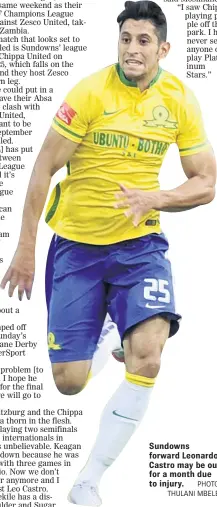  ?? PHOTO: THULANI MBELE. ?? Sundowns forward Leonardo Castro may be out for a month due to injury.