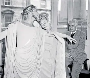  ??  ?? Julia Farron, above (as Jocasta) with Leslie Edwards (as Oedipus) rehearsing Antigone at the Royal Opera House in 1959, watched by the show’s designer, the artist Rufino Tamayo