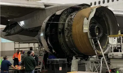  ?? Photograph: NTSB/Reuters ?? The damaged starboard engine of United Airlines flight 328 after it caught fire over Denver onSaturday.