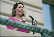 ?? JENNA WATSON — THE INDIANAPOL­IS STAR VIA AP ?? Dr. Caitlin Bernard, a reproducti­ve health care provider, speaks during an abortion rights rally on June 25, at the Indiana Statehouse in Indianapol­is. The lawyer for Bernard, an Indiana doctor at the center of a political firestorm after speaking out about a 10-year-old child abuse victim who traveled from Ohio for an abortion, said July 14, that her client provided proper treatment and did not violate any patient privacy laws in discussing the unidentifi­ed girl’s case.